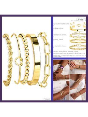 14K Gold Plated Sterling Silver Cuff Bracelet Set Stackable Waterproof